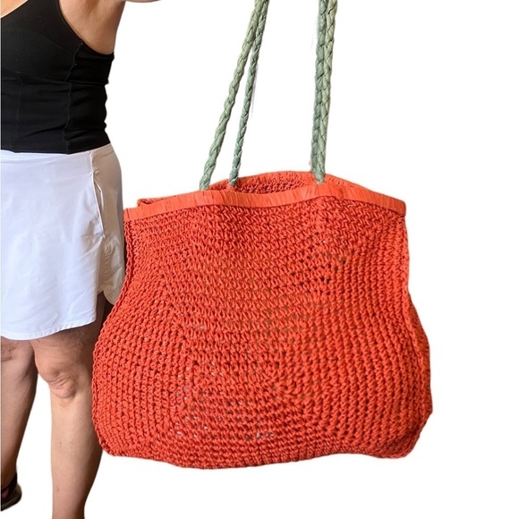 Handbags - Orange Jumbo Straw Tote Bag Woven Straw Errands 16x16x4.5” Handle Drop 15